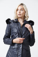 Damen Lederparka aus Lammnappa Blau vintage mit Kapuze und Blaufuchsstreifen