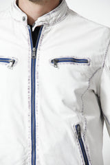 Herren Leder Jacke Lammnappa in Offwhite Blau mit Stehkragen hochschließbar