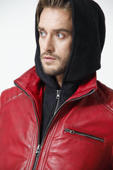 Trendige Herren Lederjacke in rot aus Lammnappa mit Kapuze