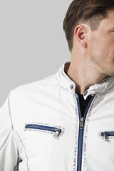 Herren Leder Jacke Lammnappa in Offwhite Blau mit Stehkragen hochschließbar