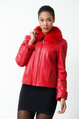 Kurze Damen Lederjacke tailliert aus Lammnappa Rot mit Blaufuchskragen abnehmbar