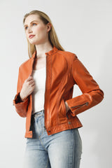 duenne Damen Lederjacke aus Lammnappa im Bikerstyle tailliert mit Stehkragen