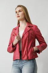 Sportliche kurze Damen Lederjacke Biker Style Rot im Lammnappa Qualität