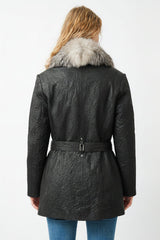 echte lange Damen Lederjacke Lammnappa gecrasht schwarz mit großen Silberfuchskragen