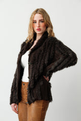 Halblange Damen Kaninchen Strickjacke dunkel Braun in Baumwolle gewebt
