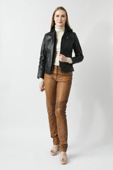 Damen Bikerjacke mit Kapuze in schwarz Lammnappa und stoffkapuze abtrennbar