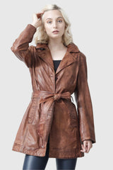 Brauner Damen Ledermantel in Vintage-Look hochschließbar