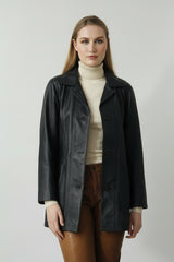 Längere Damen Lederjacke in A-Form aus Lammnappa in Marine Blau