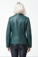 Kurze leichte echte Damen Lederjacke aus Lammnappa in Petrol tailliert