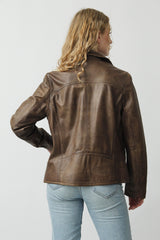 Kurze Damen Lederjacke in Teakwood Braun vintage Look aus Lammnappa
