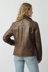 Kurze Damen Lederjacke in Teakwood Braun vintage Look aus Lammnappa