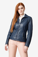 Kurze sportliche Lederjacke aus Lammnappa in Navy Blue tailiert