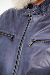 Herren Lammnappalederjacke Daytona Blau mit Kontraststreifen weiss rot und Stehkragen