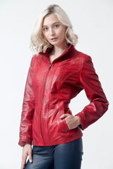 Kurze leichte echte Damen Lederjacke aus Lammnappa rot tailliert