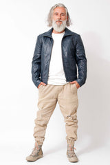 Echte kurze Herren Lederjacke aus Lammnappa in Dark Blue washed wattiert