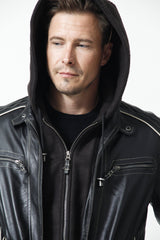 Herren-Lederjacke kurz mit Kapuze Lammnappa schwarz