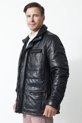 Schwarze gesteppte Herren Lederjacke in Lammnappa wattiert mit viele Taschen