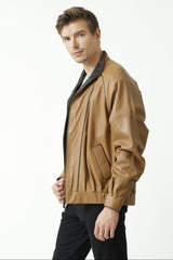 Herren Lederblouson aus Lammnappa in Cognac mit Stehkragen und Farbkontrast