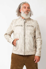 Herren Lammnappa-Lederjacke im Biker Look in weiß vintage Optik