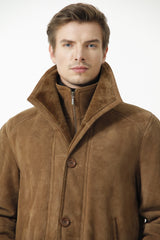 Herren Lammfelljacke Merino mit doppelkragen in Pelzvelour Toupe mit Reißverschluss