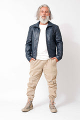 Kurze Herren Lederjacke aus Lammnappa in Dark Blue washed wattiert