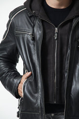 Herren Biker Lederjacke Lammnappa schwarz mit abnehmbarer schwarzen Kapuzenteil