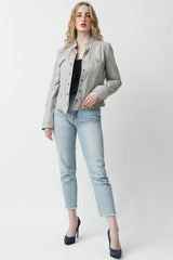 Kurze Damen Lederjacke aus Lammnappa in Ice Blue mit Stehkragen