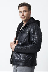 Coole Herren Biker Lederjacke schwarz Lammnappa mit Kapuze und Steppnähte