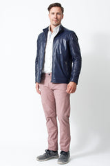 Leichte Herren Lederjacke aus Lammnappa in Blau mit zwei Eingriffstaschen