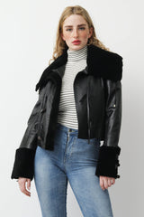 kurze Damen Lederjacke in schwarz mit Leder/Lammfell Mix