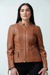 Kurze Damen Lederjacke aus Lammnappa mit Stehkragen in cognac