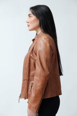 Kurze Damen Lederjacke aus Lammnappa mit Stehkragen in cognac