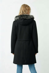 Leichte Damen Lammfelljacke mit Kapuze in schwarz mit Reißverschluss