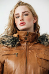 Damen Parka mit Kapuze in Lammnappa cognac vintage und Fellimitat