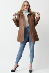 Warmer Damen Lederparka in Lammnappa braun mit Kapuze und Finnracoonn