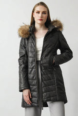 Langer Damen Lederparka gesteppt aus Lammnappa mit Kapuze in grey