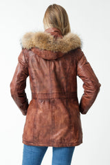 Damen Lederparka Lammnappa Braun Vintage Look mit Kapuze und Finnraccoonbesatz