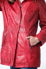 Damen Lederparka Lammnappa Rot Vintage Look mit Kapuze und Finnraccoonbesatz