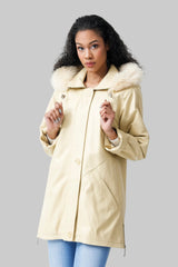 Wattierter echter Leder Damen Parka mit Kapuze, Lammnappa Vanille und Blaufuchs