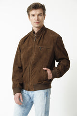 Herren Lederblouson aus Ziegenverlour in Braun mit Strickbündchen und Brusttasche