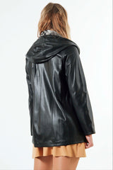 Lange Damen Lederjacke Lammnappa zum wenden mit Schalkapuze in schwarz