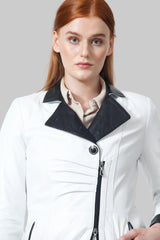 Leichter Damen Ledermantel Lammnappa weiss/schwarz tailliert mit Zweiwege-Reißverschluss