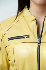 Kurze dünne Damen Lammnappa Lederjacke Yellow gelb mit Stehkragen tailliert