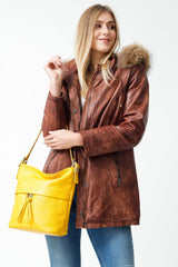 Damen Lederparka Lammnappa Braun Vintage Look mit Kapuze und Finnraccoonbesatz