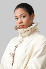 Lange Damen Lederjacke beige aus Lammnappa mit Rex Kaninfutter