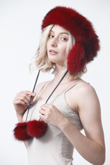 Damen Winter Mongolen Ledermütze in Rot mit Blaufuchs Verbrämung