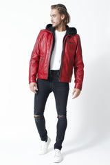 trendige Herren Lederjacke in rot aus Lammnappa mit Kapuze