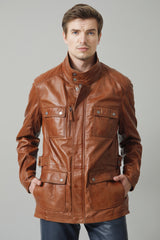 Herren Lederparka sportlich in Lammnappa cognac vintage Look und Stehkragen