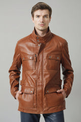 Herren Lederparka sportlich in Lammnappa cognac vintage Look und Stehkragen