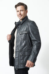 Lange Herren Lederjacke in Lammnappa anthrazit vintage Look viele Taschen